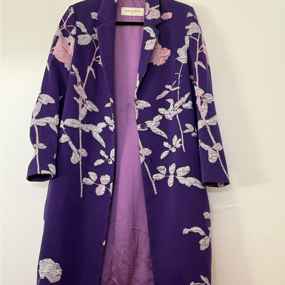 Dries Van Noten Purple Jaquard Coat from the last collection at Barnys.